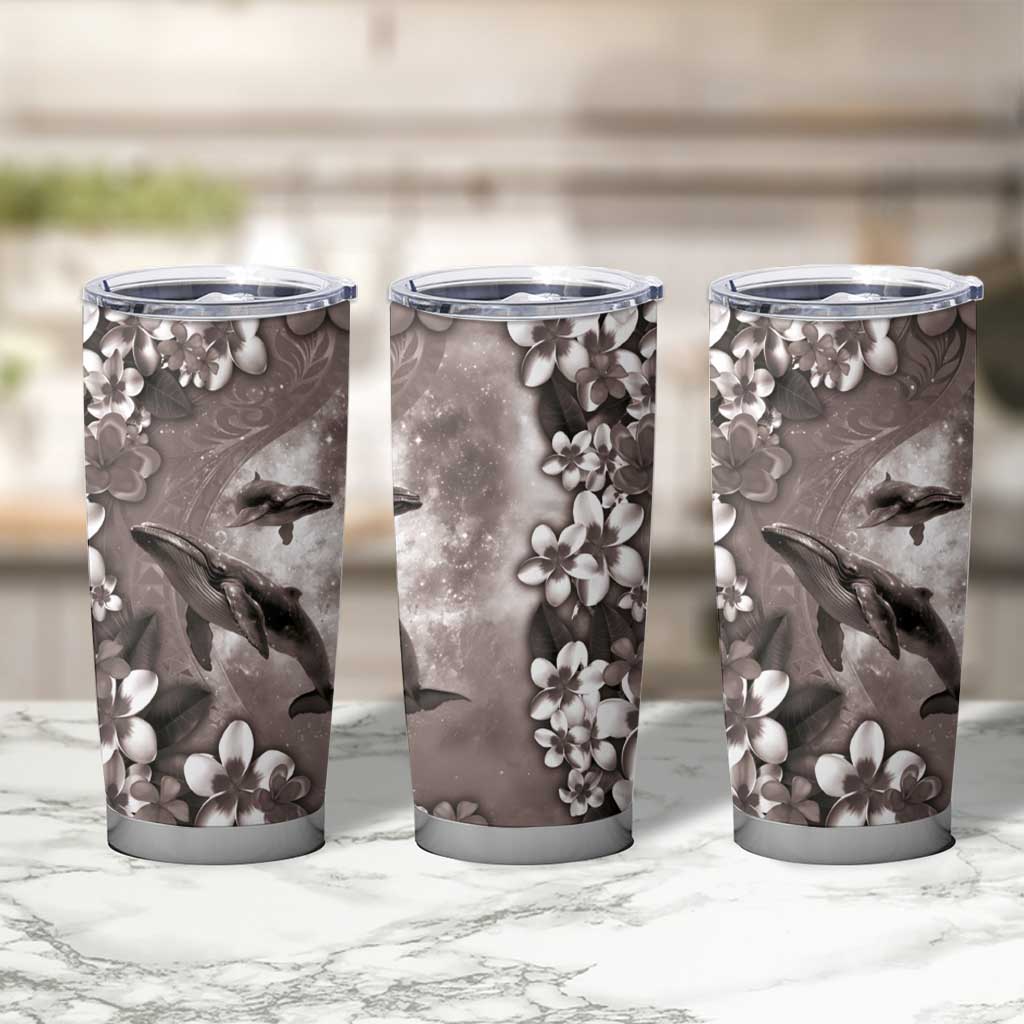 Hawaiian Lei Day Plumeria Humpback Whales Tumbler Cup Polynesian Art Vibrant Starry Nebula Grayscale Style