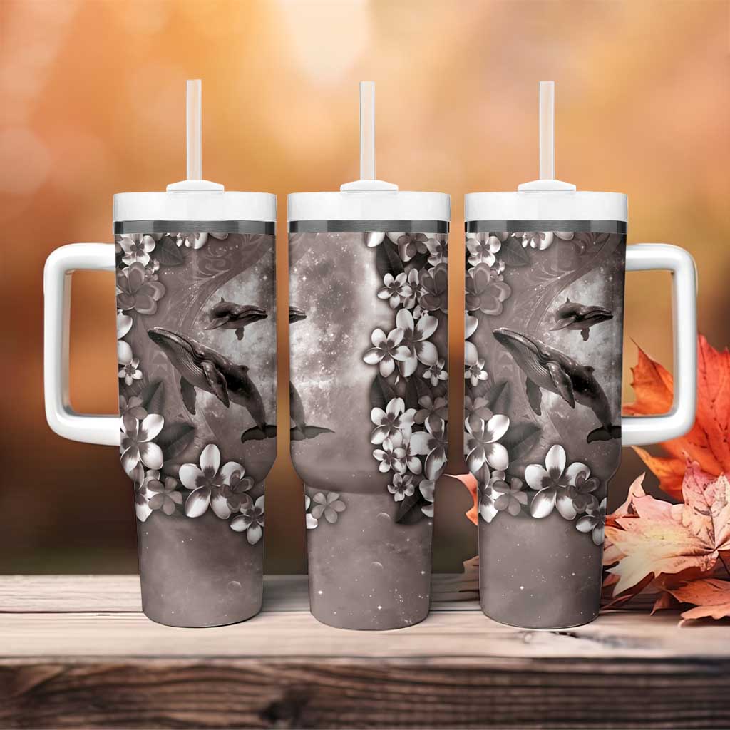 Hawaiian Lei Day Plumeria Humpback Whales Tumbler With Handle Polynesian Art Vibrant Starry Nebula Grayscale Style
