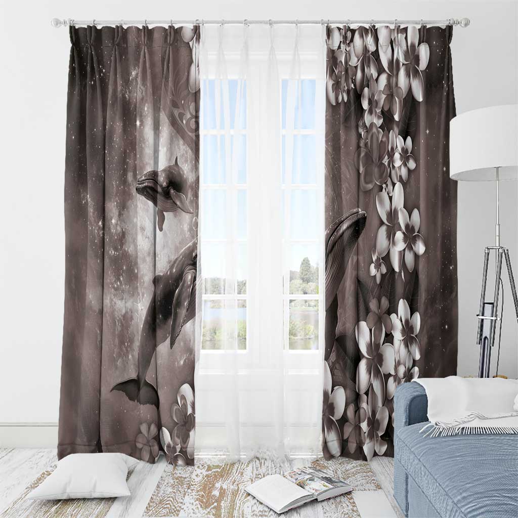 Hawaiian Lei Day Plumeria Humpback Whales Window Curtain Polynesian Art Vibrant Starry Nebula Grayscale Style