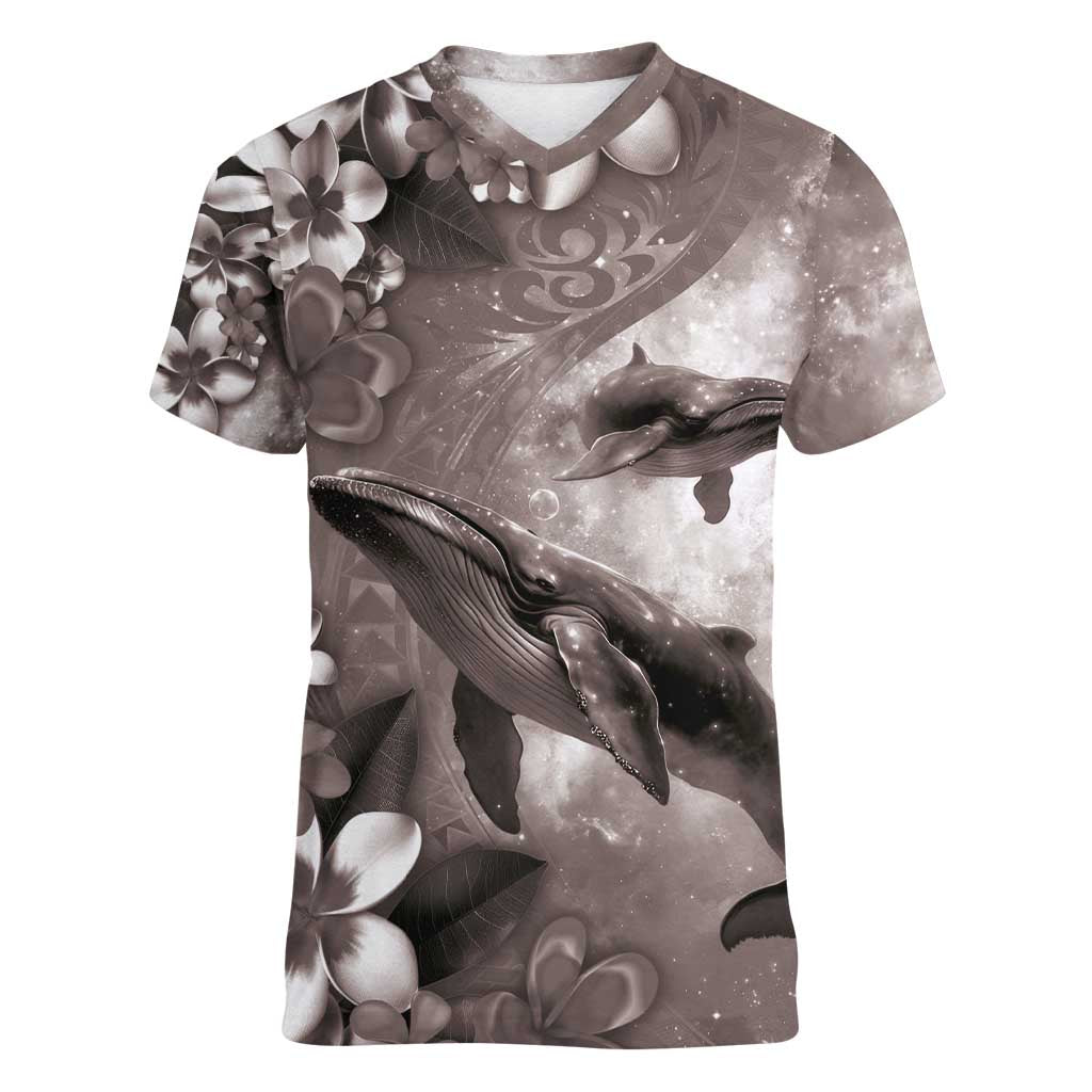 Hawaiian Lei Day Plumeria Humpback Whales Women V-Neck T-Shirt Polynesian Art Vibrant Starry Nebula Grayscale Style