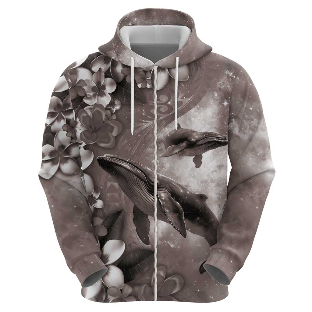 Hawaiian Lei Day Plumeria Humpback Whales Zip Hoodie Polynesian Art Vibrant Starry Nebula Grayscale Style