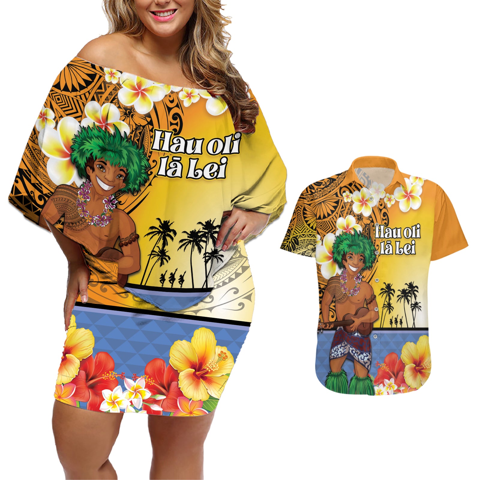 Happy Lei Day Couples Matching Off Shoulder Short Dress and Hawaiian Shirt Hula Male Dancer Polynesian Flower Kakau Pattern