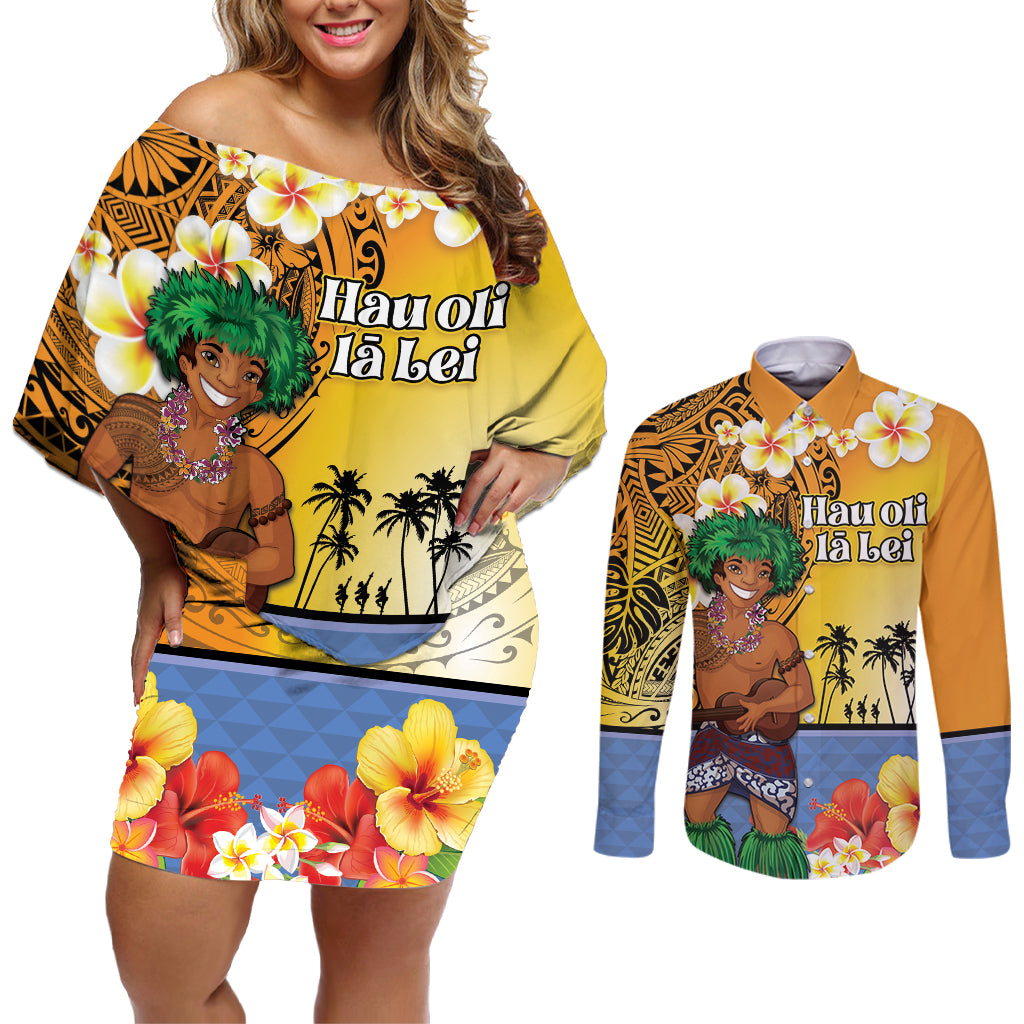 Happy Lei Day Couples Matching Off Shoulder Short Dress and Long Sleeve Button Shirt Hula Male Dancer Polynesian Flower Kakau Pattern