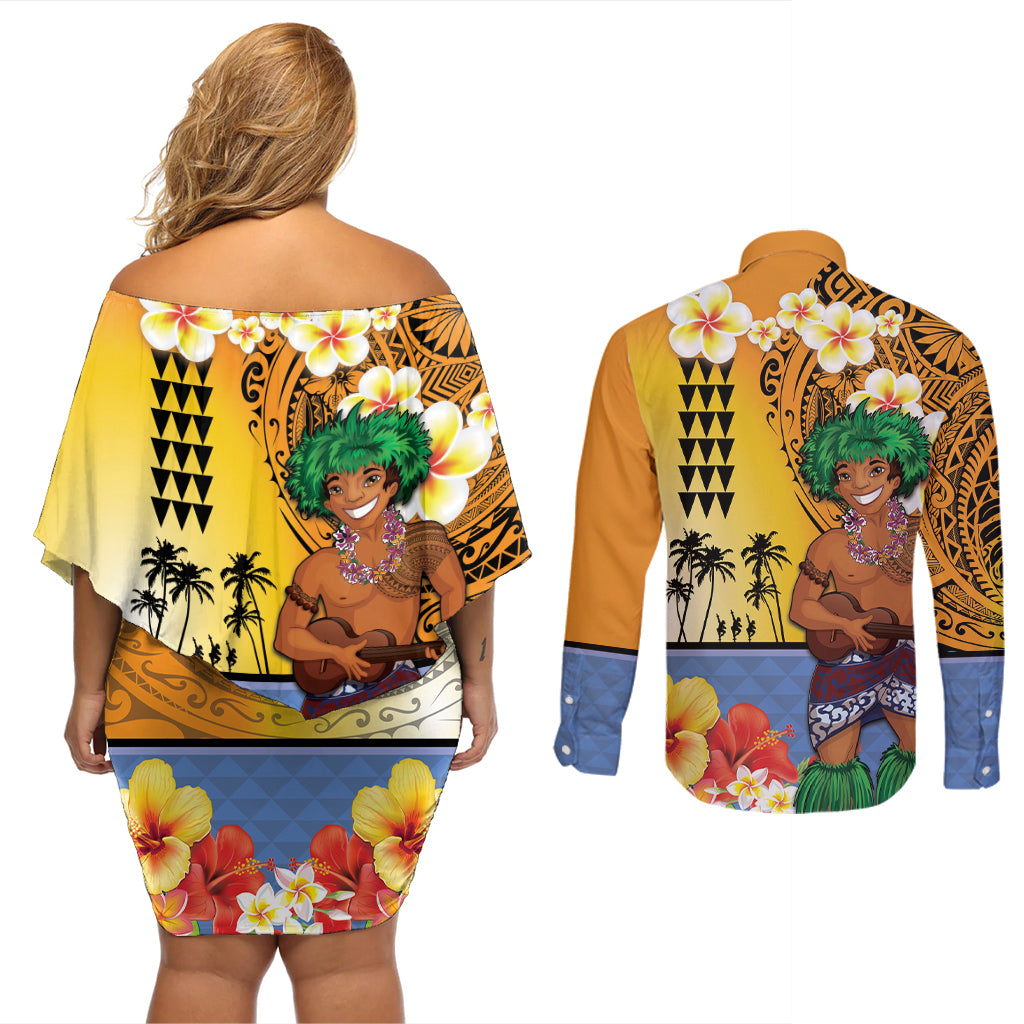Happy Lei Day Couples Matching Off Shoulder Short Dress and Long Sleeve Button Shirt Hula Male Dancer Polynesian Flower Kakau Pattern