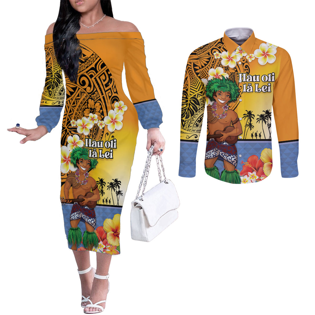 Happy Lei Day Couples Matching Off The Shoulder Long Sleeve Dress and Long Sleeve Button Shirt Hula Male Dancer Polynesian Flower Kakau Pattern