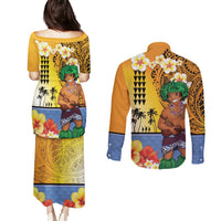 Happy Lei Day Couples Matching Puletasi and Long Sleeve Button Shirt Hula Male Dancer Polynesian Flower Kakau Pattern