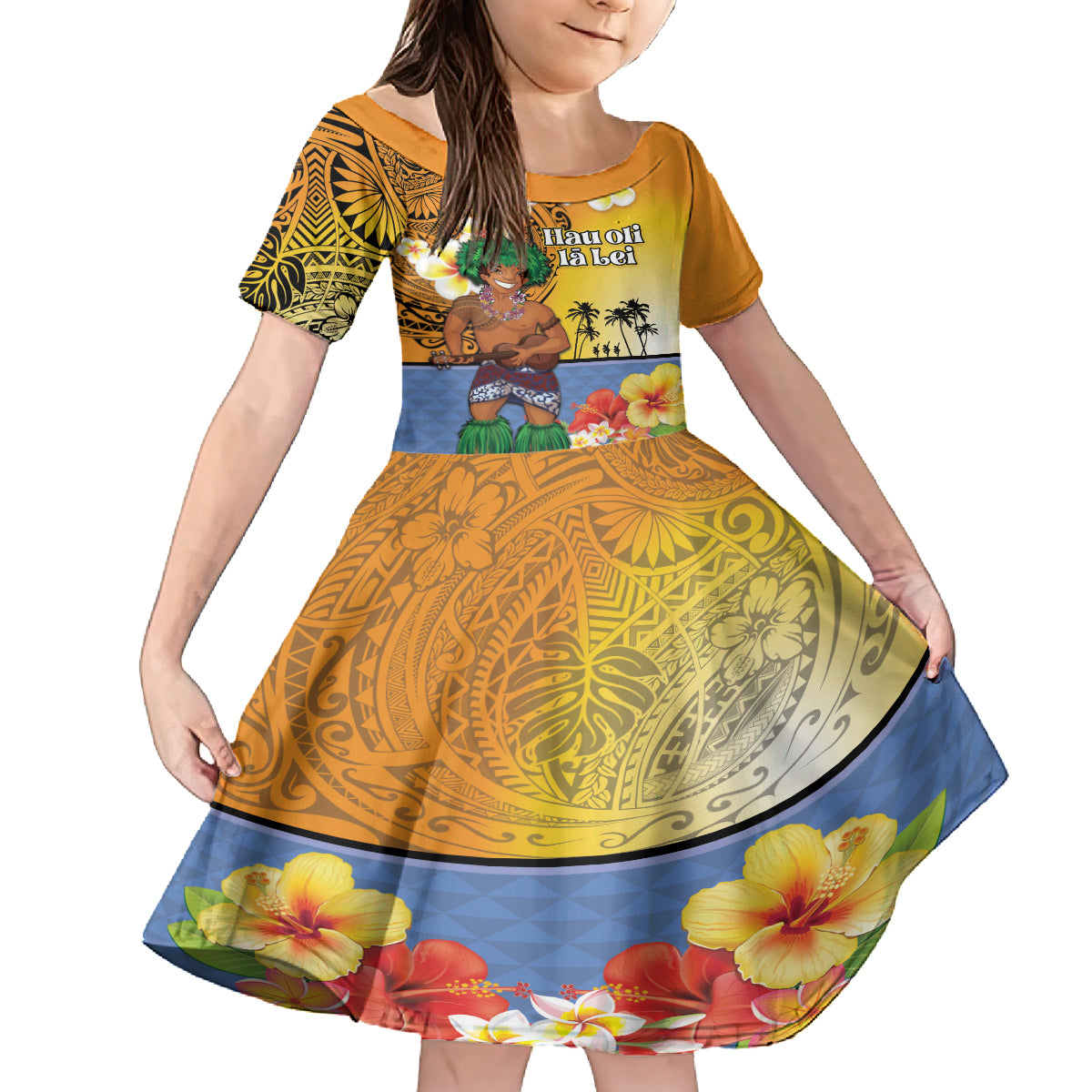 Happy Lei Day Family Matching Long Sleeve Bodycon Dress and Hawaiian Shirt Hula Male Dancer Polynesian Flower Kakau Pattern LT03 Daughter's Dress Yellow - Polynesian Pride