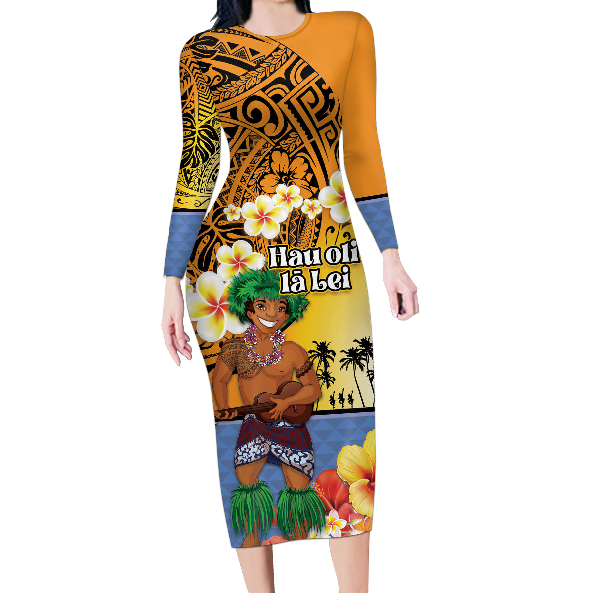 Happy Lei Day Family Matching Long Sleeve Bodycon Dress and Hawaiian Shirt Hula Male Dancer Polynesian Flower Kakau Pattern LT03 Mom's Dress Yellow - Polynesian Pride