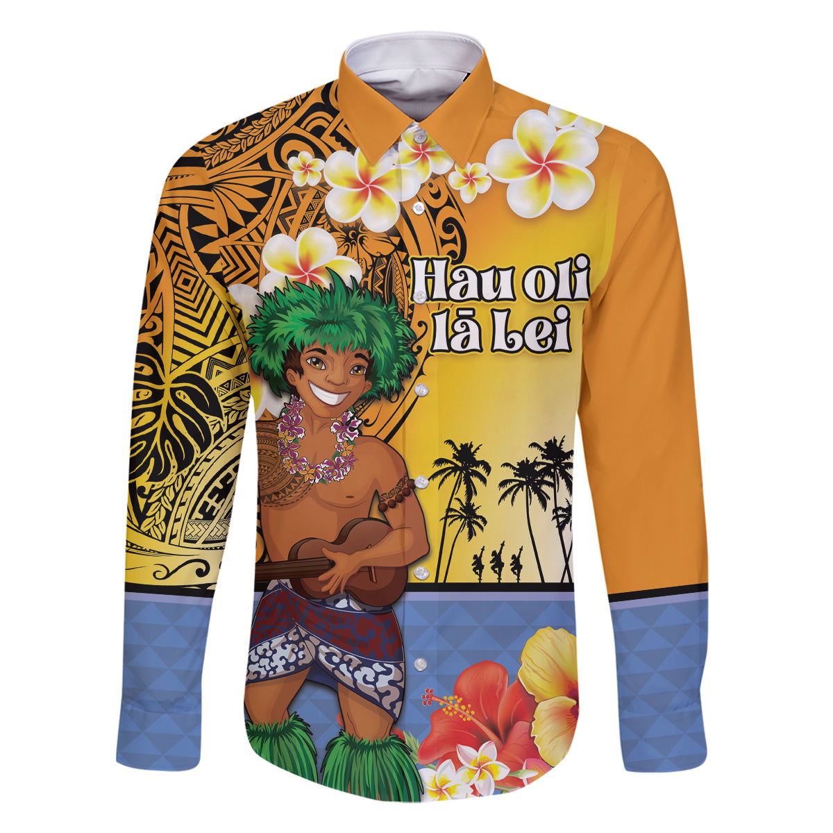 Happy Lei Day Family Matching Mermaid Dress and Hawaiian Shirt Hula Male Dancer Polynesian Flower Kakau Pattern LT03 Dad's Shirt - Long Sleeve Yellow - Polynesian Pride