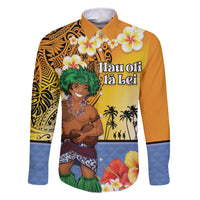 Happy Lei Day Family Matching Off Shoulder Maxi Dress and Hawaiian Shirt Hula Male Dancer Polynesian Flower Kakau Pattern LT03 Dad's Shirt - Long Sleeve Yellow - Polynesian Pride
