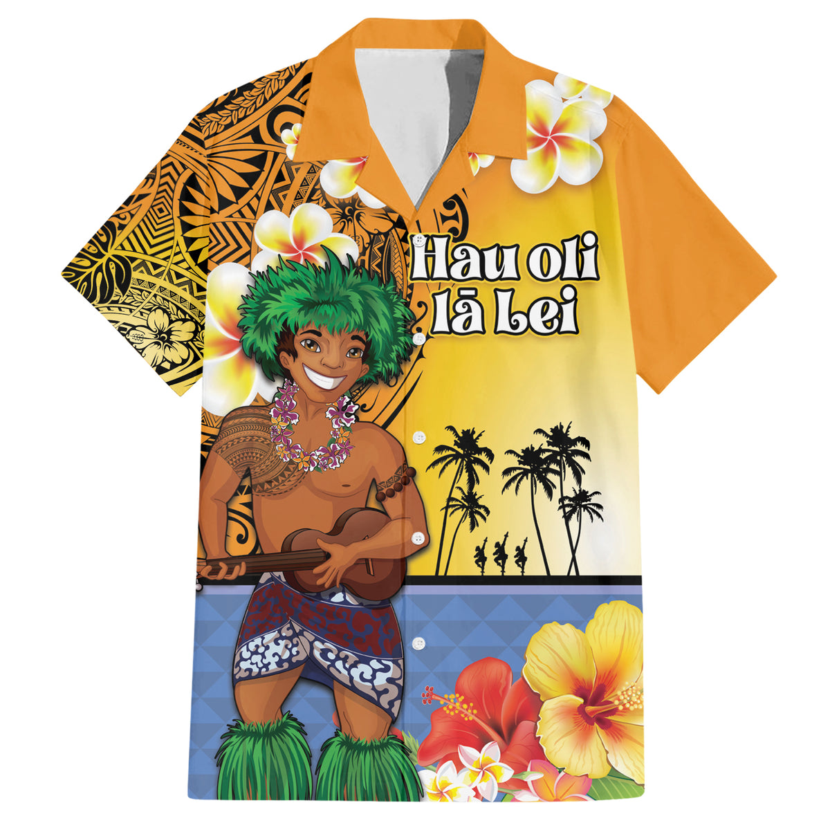 Happy Lei Day Family Matching Short Sleeve Bodycon Dress and Hawaiian Shirt Hula Male Dancer Polynesian Flower Kakau Pattern LT03 Dad's Shirt - Short Sleeve Yellow - Polynesian Pride