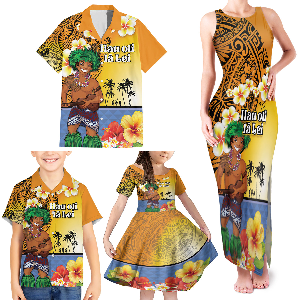 Happy Lei Day Family Matching Tank Maxi Dress and Hawaiian Shirt Hula Male Dancer Polynesian Flower Kakau Pattern