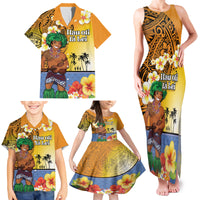 Happy Lei Day Family Matching Tank Maxi Dress and Hawaiian Shirt Hula Male Dancer Polynesian Flower Kakau Pattern