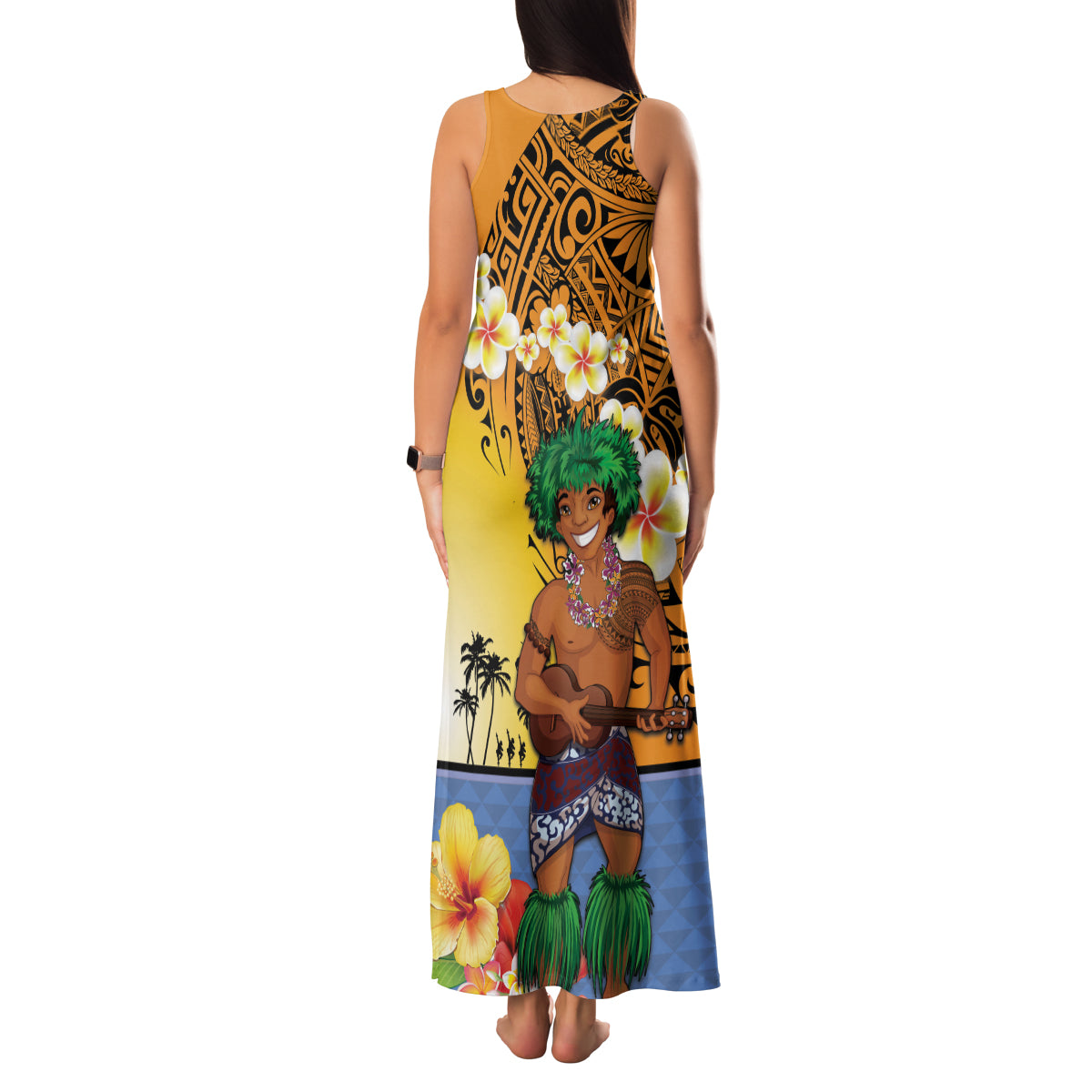 Happy Lei Day Family Matching Tank Maxi Dress and Hawaiian Shirt Hula Male Dancer Polynesian Flower Kakau Pattern