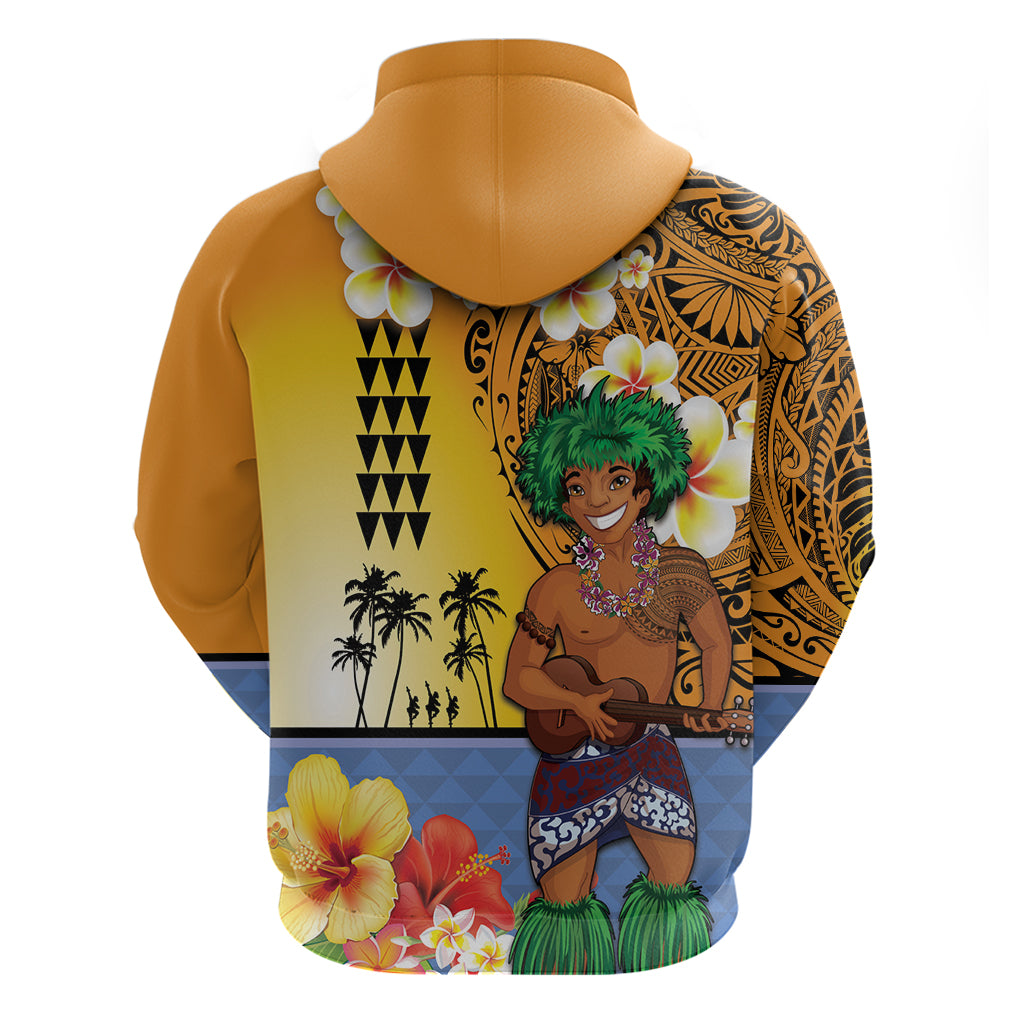 Happy Lei Day Hoodie Hula Male Dancer Polynesian Flower Kakau Pattern
