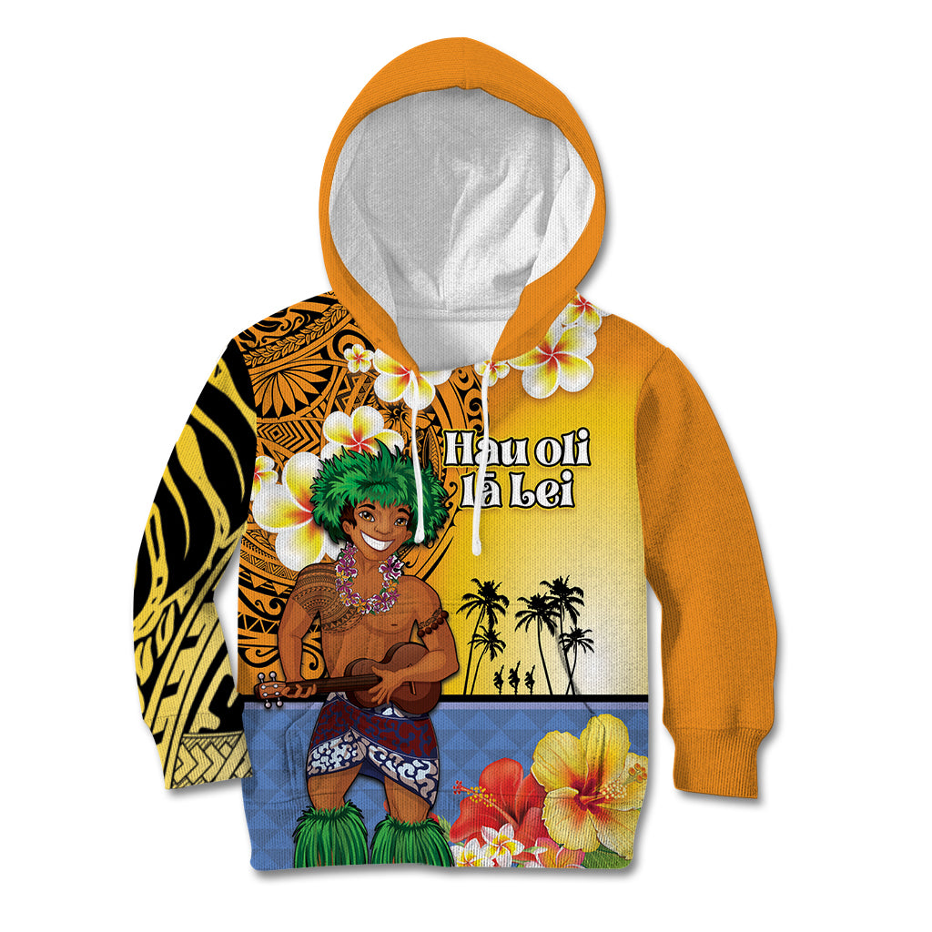 Happy Lei Day Kid Hoodie Hula Male Dancer Polynesian Flower Kakau Pattern
