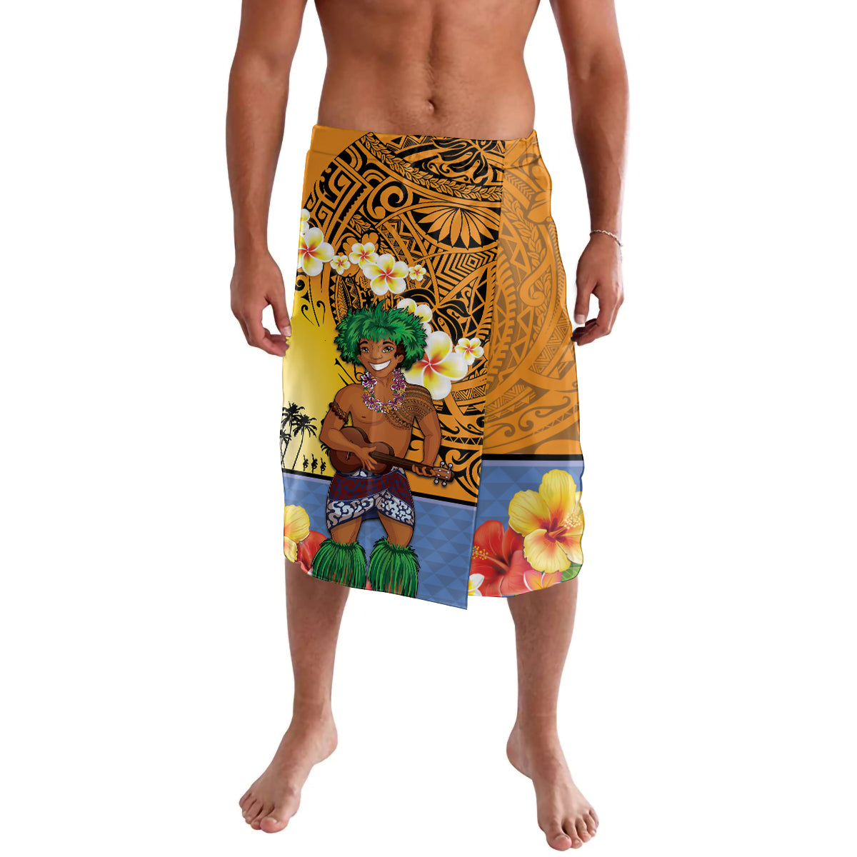 Happy Lei Day Lavalava Hula Male Dancer Polynesian Flower Kakau Pattern