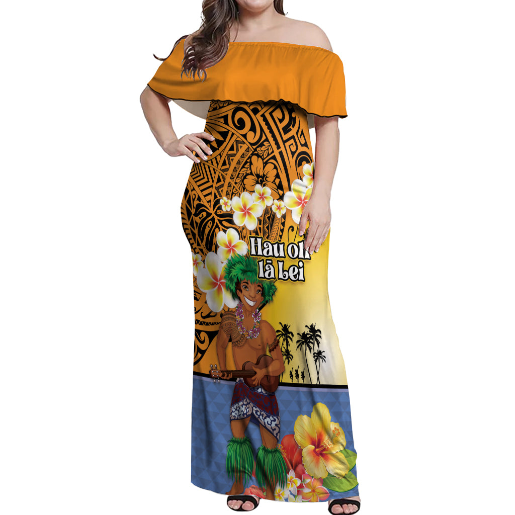 Happy Lei Day Off Shoulder Maxi Dress Hula Male Dancer Polynesian Flower Kakau Pattern