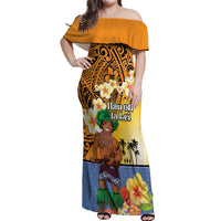Happy Lei Day Off Shoulder Maxi Dress Hula Male Dancer Polynesian Flower Kakau Pattern