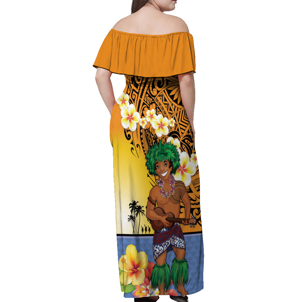 Happy Lei Day Off Shoulder Maxi Dress Hula Male Dancer Polynesian Flower Kakau Pattern