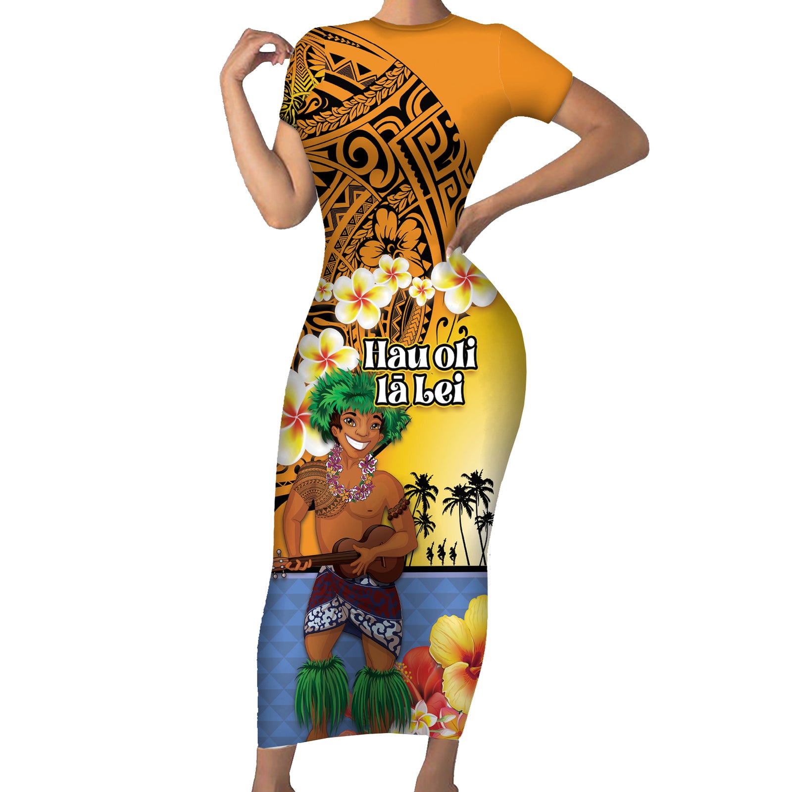 Happy Lei Day Short Sleeve Bodycon Dress Hula Male Dancer Polynesian Flower Kakau Pattern LT03 Long Dress Yellow - Polynesian Pride