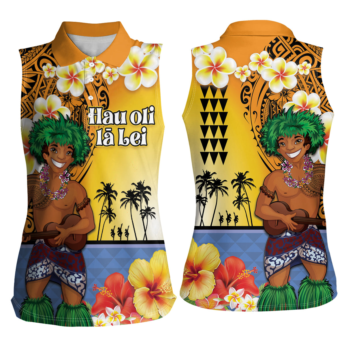 Happy Lei Day Women Sleeveless Polo Shirt Hula Male Dancer Polynesian Flower Kakau Pattern