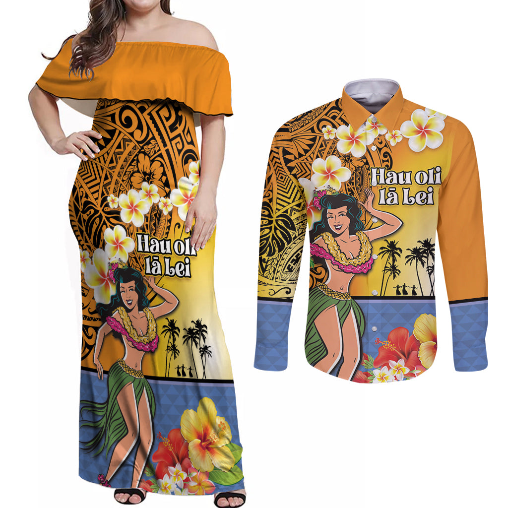 Happy Lei Day Couples Matching Off Shoulder Maxi Dress and Long Sleeve Button Shirt Hula Girl Polynesian Flower Kakau Pattern