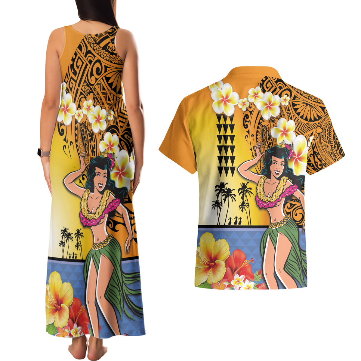 Happy Lei Day Couples Matching Tank Maxi Dress and Hawaiian Shirt Hula Girl Polynesian Flower Kakau Pattern