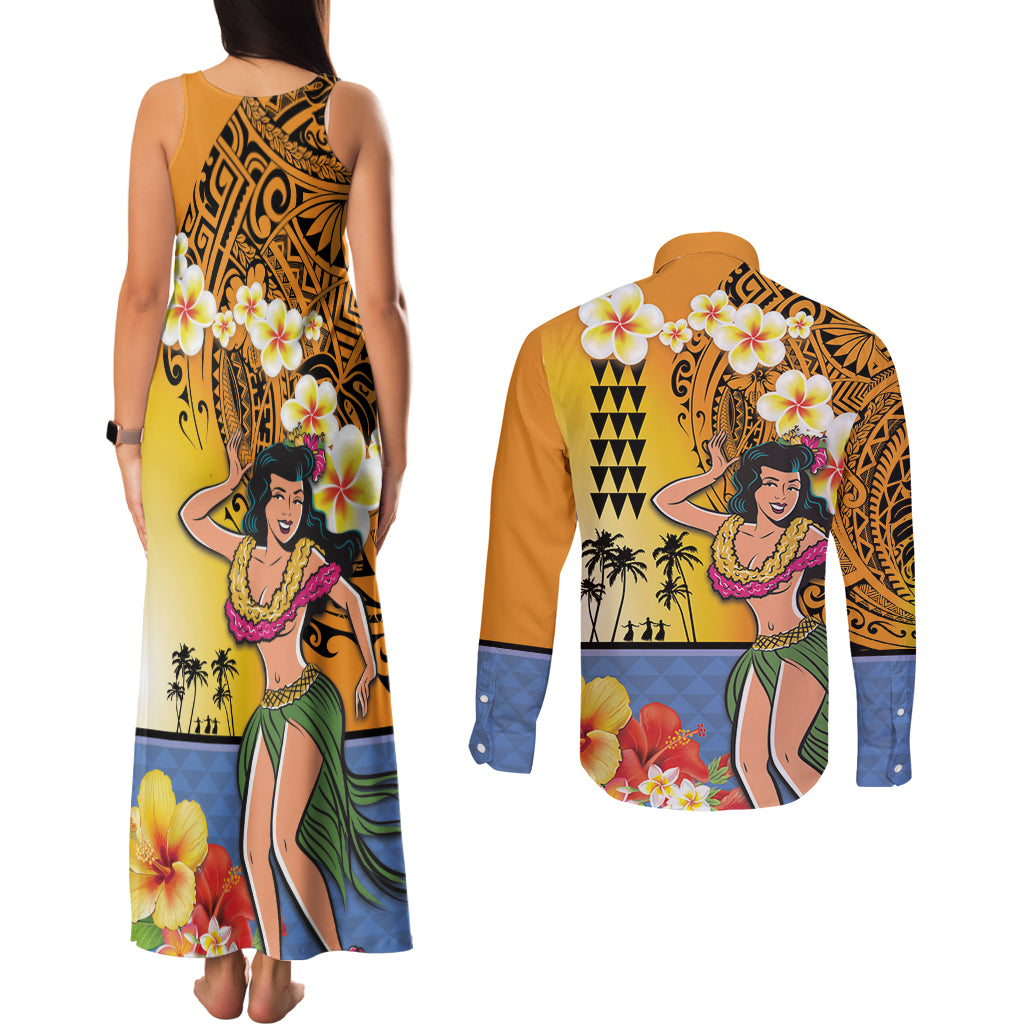 Happy Lei Day Couples Matching Tank Maxi Dress and Long Sleeve Button Shirt Hula Girl Polynesian Flower Kakau Pattern