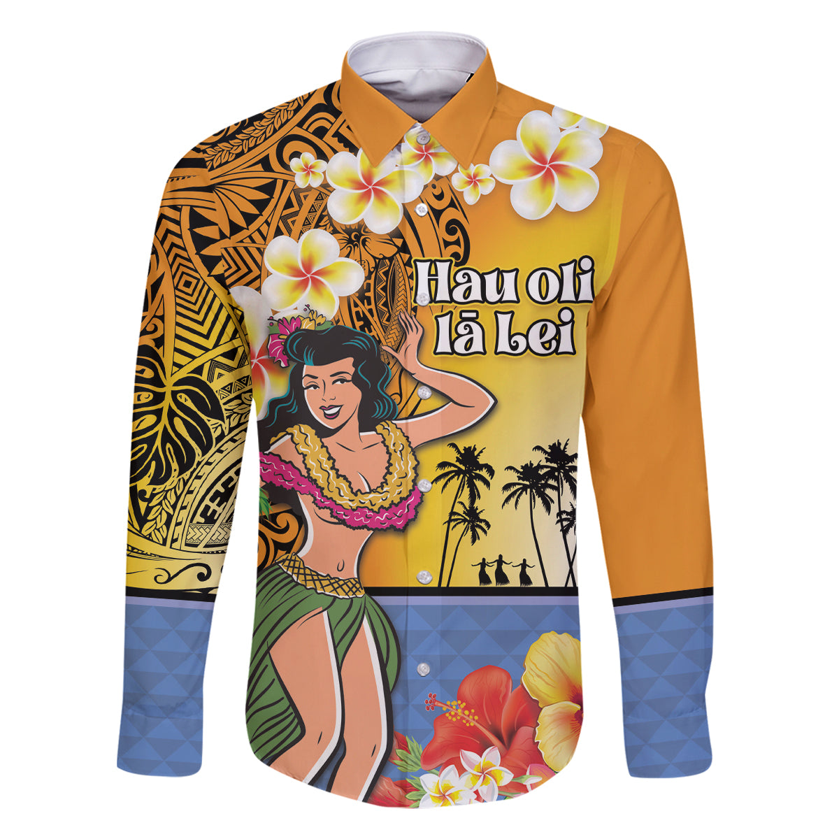Happy Lei Day Family Matching Mermaid Dress and Hawaiian Shirt Hula Girl Polynesian Flower Kakau Pattern LT03 Dad's Shirt - Long Sleeve Yellow - Polynesian Pride
