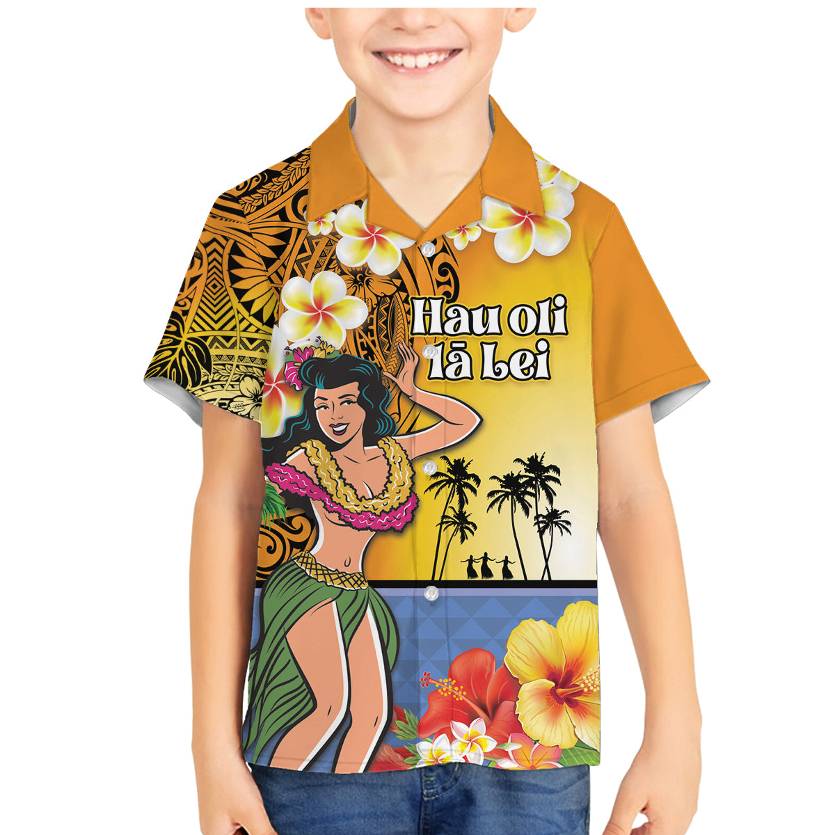 Happy Lei Day Family Matching Mermaid Dress and Hawaiian Shirt Hula Girl Polynesian Flower Kakau Pattern LT03 Son's Shirt Yellow - Polynesian Pride