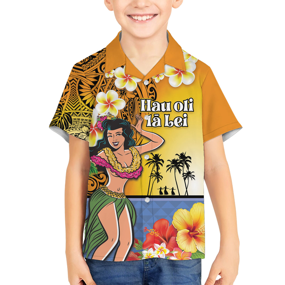 Happy Lei Day Family Matching Off The Shoulder Long Sleeve Dress and Hawaiian Shirt Hula Girl Polynesian Flower Kakau Pattern