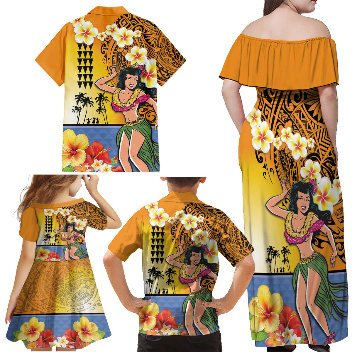 Happy Lei Day Family Matching Off Shoulder Maxi Dress and Hawaiian Shirt Hula Girl Polynesian Flower Kakau Pattern