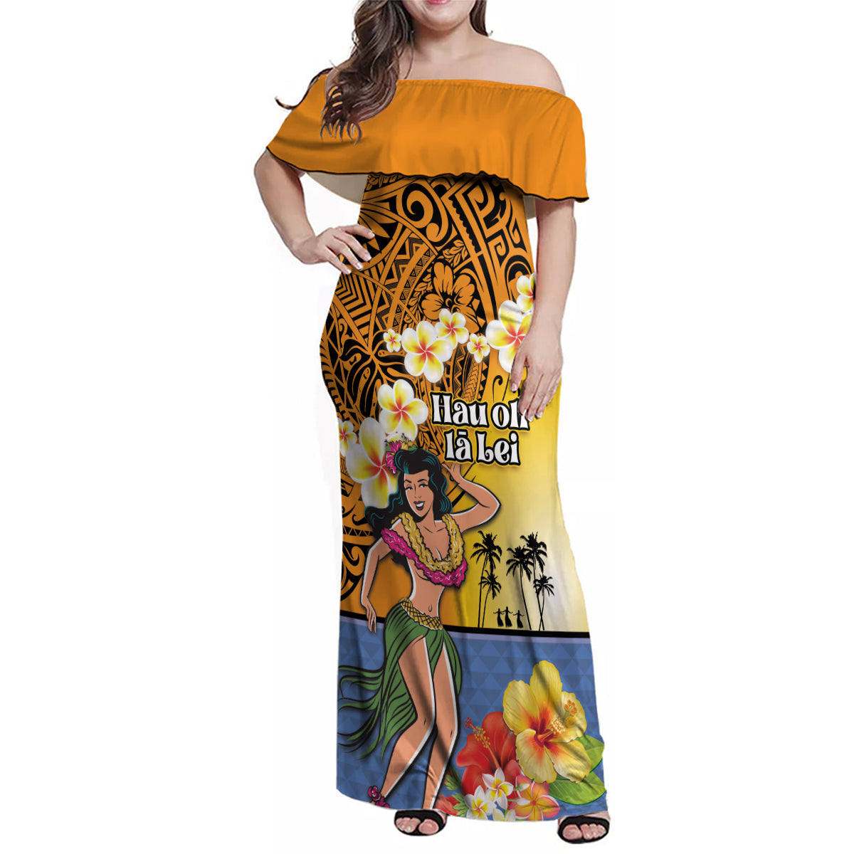 Happy Lei Day Family Matching Off Shoulder Maxi Dress and Hawaiian Shirt Hula Girl Polynesian Flower Kakau Pattern