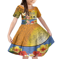 Happy Lei Day Family Matching Puletasi and Hawaiian Shirt Hula Girl Polynesian Flower Kakau Pattern LT03 Daughter's Dress Yellow - Polynesian Pride