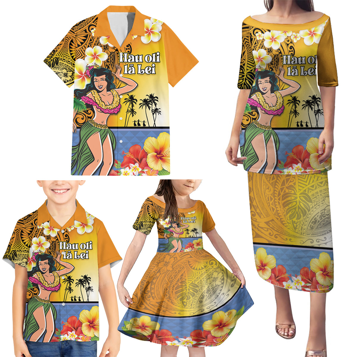 Happy Lei Day Family Matching Puletasi and Hawaiian Shirt Hula Girl Polynesian Flower Kakau Pattern LT03 - Polynesian Pride