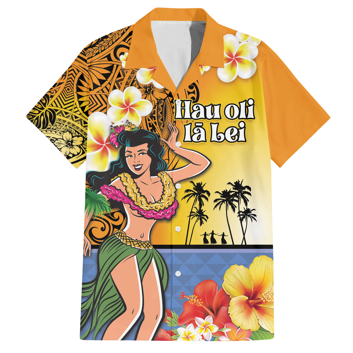 Happy Lei Day Family Matching Puletasi and Hawaiian Shirt Hula Girl Polynesian Flower Kakau Pattern LT03 Dad's Shirt - Short Sleeve Yellow - Polynesian Pride