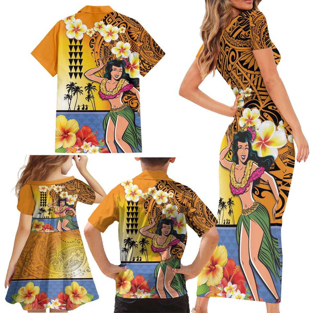 Happy Lei Day Family Matching Short Sleeve Bodycon Dress and Hawaiian Shirt Hula Girl Polynesian Flower Kakau Pattern LT03 - Polynesian Pride