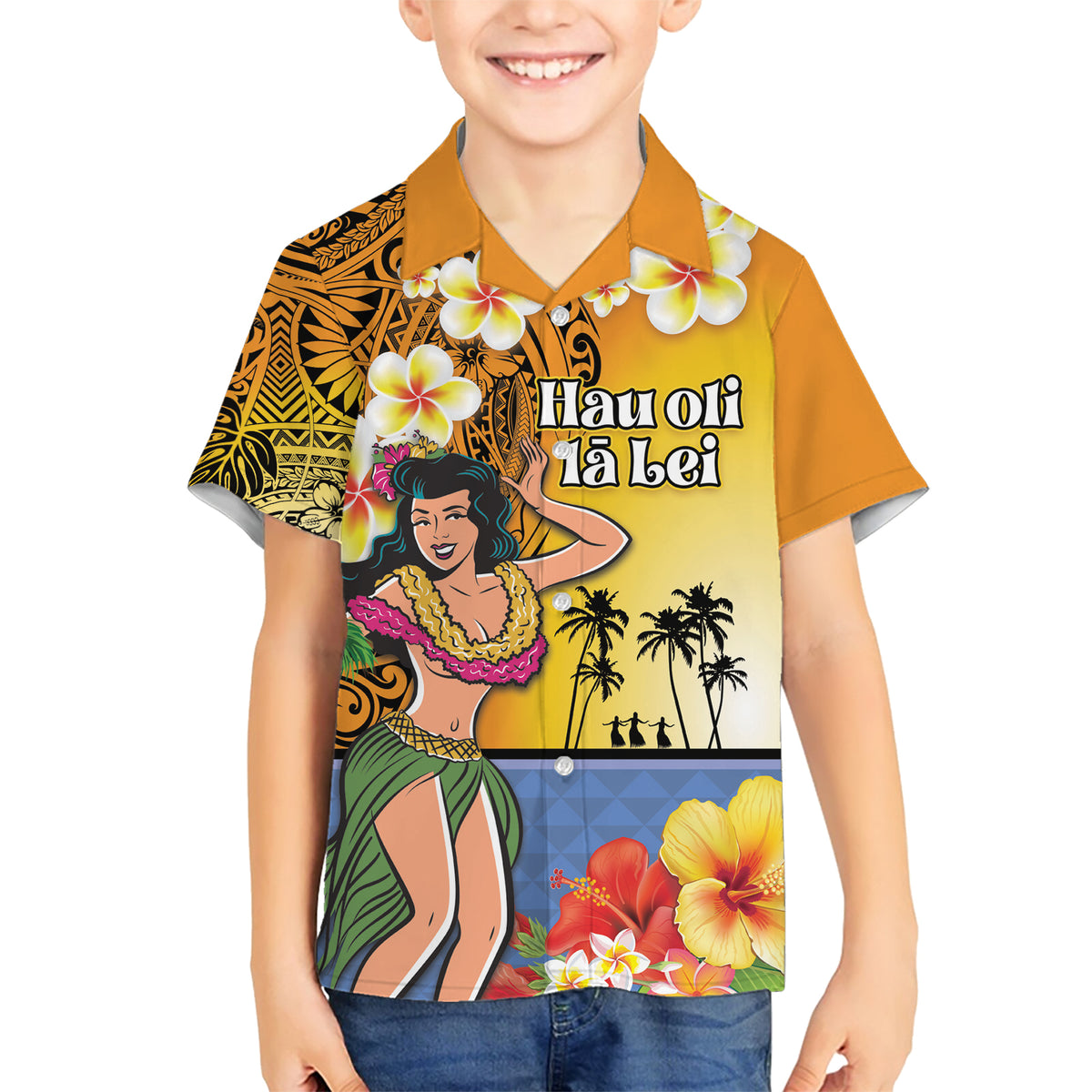 Happy Lei Day Family Matching Short Sleeve Bodycon Dress and Hawaiian Shirt Hula Girl Polynesian Flower Kakau Pattern LT03 Son's Shirt Yellow - Polynesian Pride