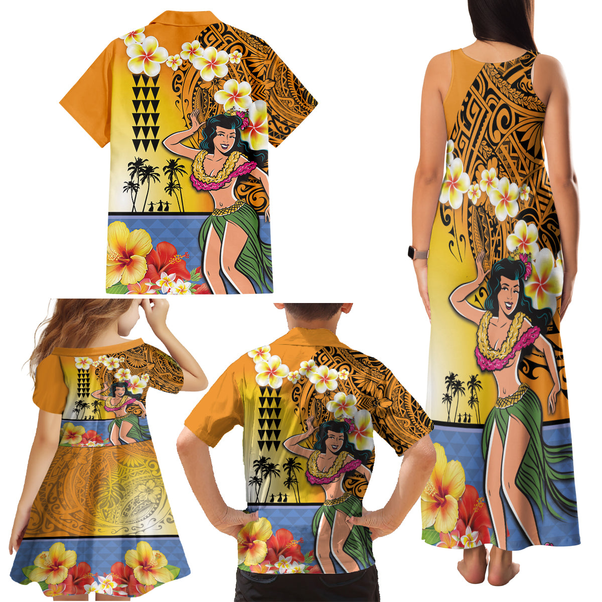 Happy Lei Day Family Matching Tank Maxi Dress and Hawaiian Shirt Hula Girl Polynesian Flower Kakau Pattern