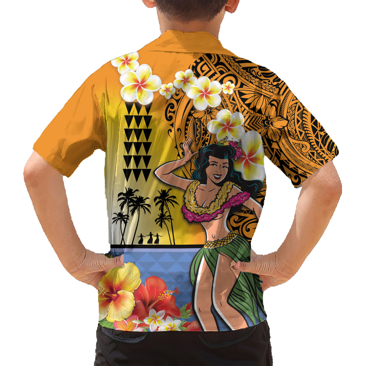 Happy Lei Day Kid Hawaiian Shirt Hula Girl Polynesian Flower Kakau Pattern