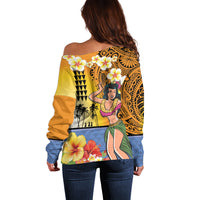 Happy Lei Day Off Shoulder Sweater Hula Girl Polynesian Flower Kakau Pattern