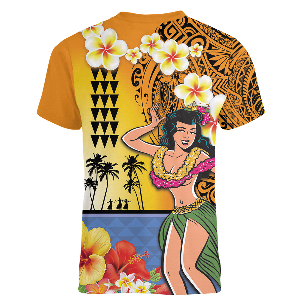 Happy Lei Day Women V-Neck T-Shirt Hula Girl Polynesian Flower Kakau Pattern