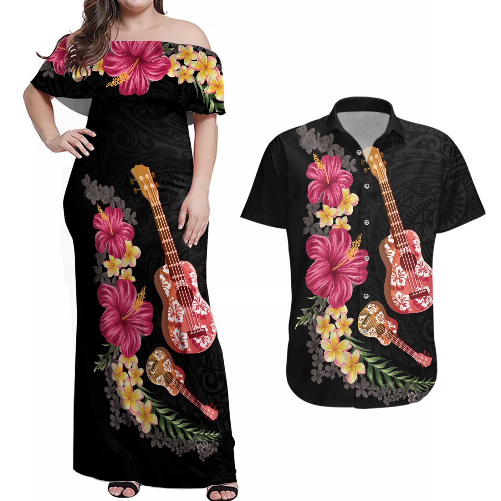 Ukulele mix Polynesian Flower Couples Matching Off Shoulder Maxi Dress and Hawaiian Shirt Hawaiian Tribal Pattern