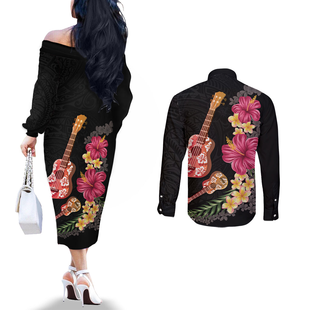 Ukulele mix Polynesian Flower Couples Matching Off The Shoulder Long Sleeve Dress and Long Sleeve Button Shirt Hawaiian Tribal Pattern