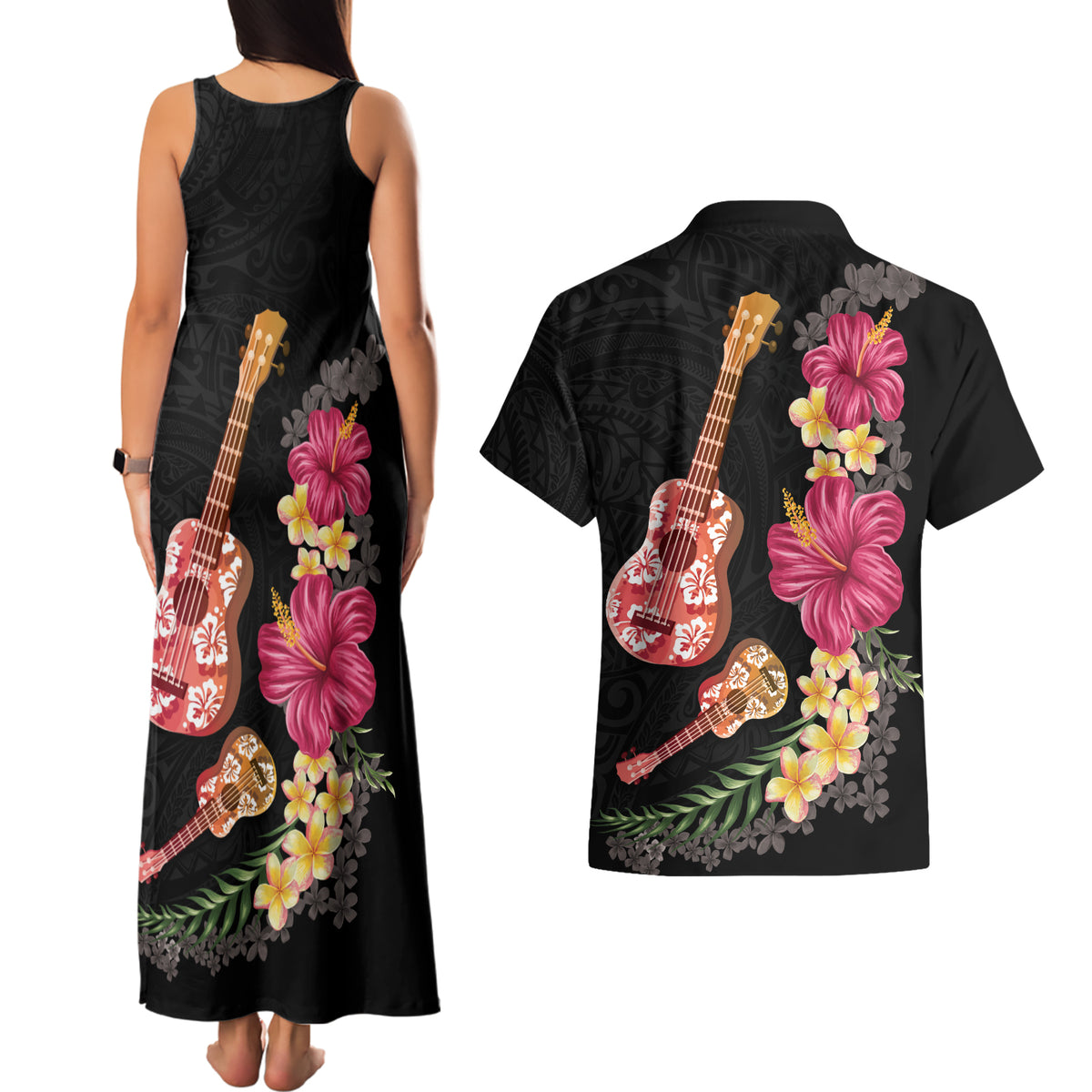 Ukulele mix Polynesian Flower Couples Matching Tank Maxi Dress and Hawaiian Shirt Hawaiian Tribal Pattern