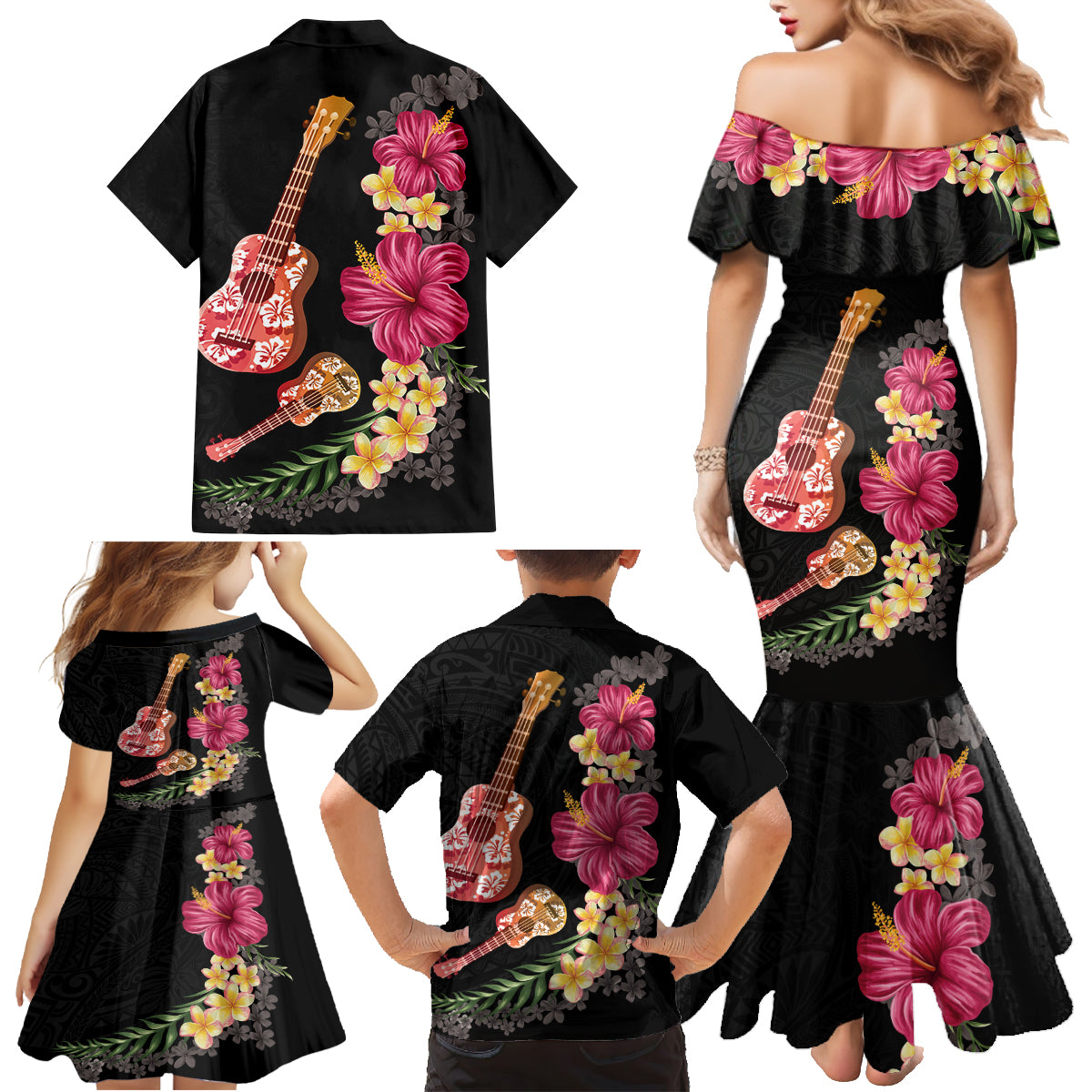 Ukulele mix Polynesian Flower Family Matching Mermaid Dress and Hawaiian Shirt Hawaiian Tribal Pattern