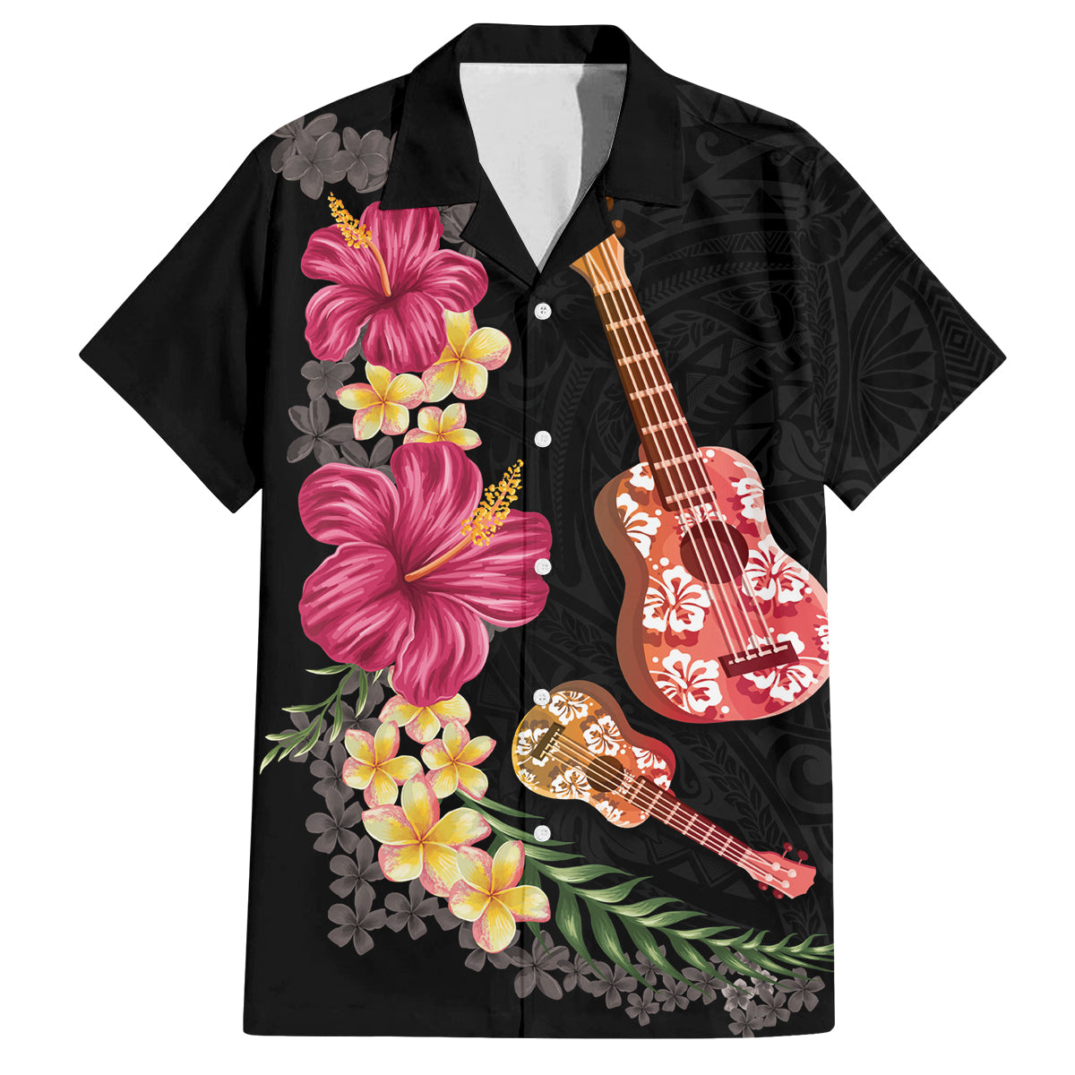Ukulele mix Polynesian Flower Family Matching Off Shoulder Maxi Dress and Hawaiian Shirt Hawaiian Tribal Pattern