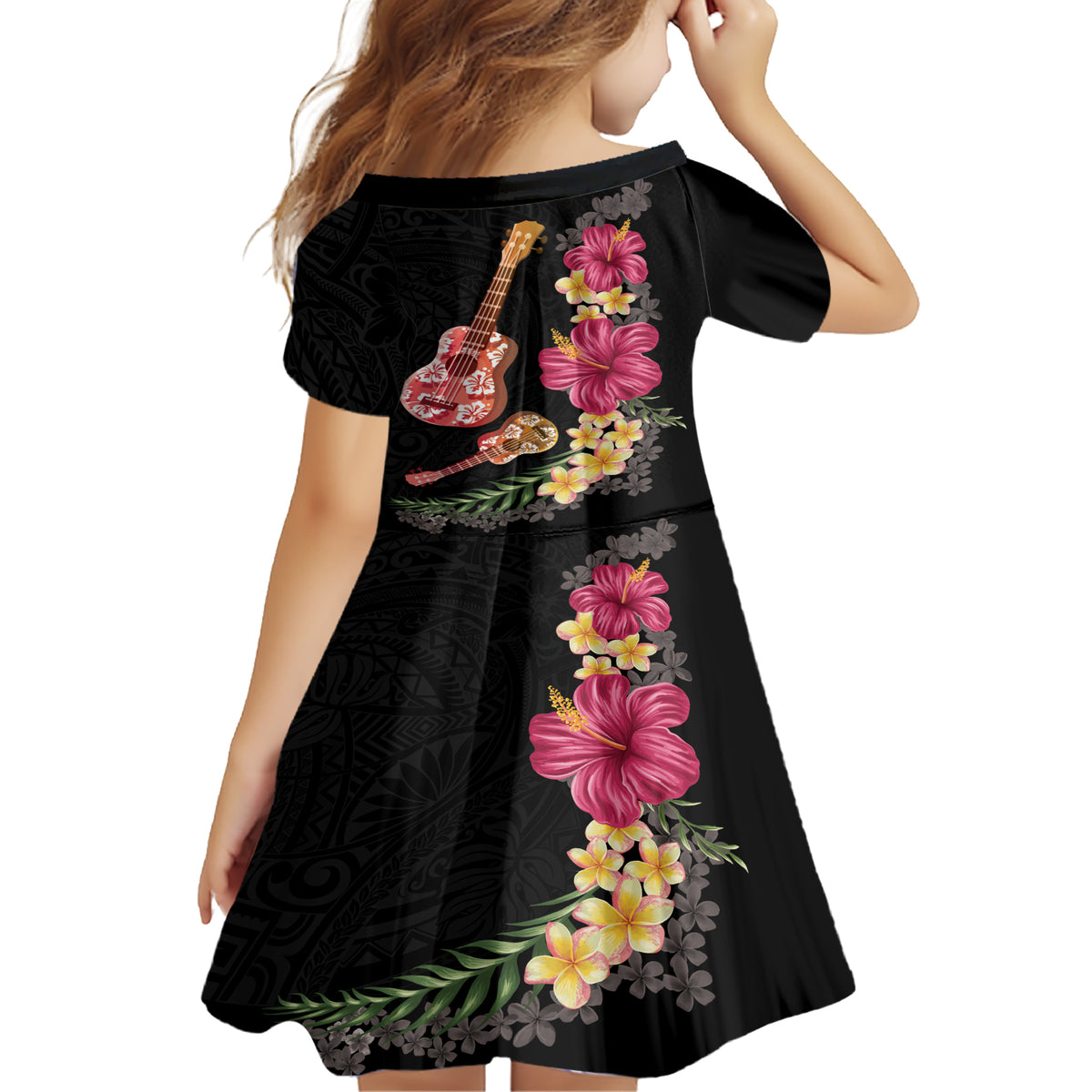 Ukulele mix Polynesian Flower Family Matching Short Sleeve Bodycon Dress and Hawaiian Shirt Hawaiian Tribal Pattern