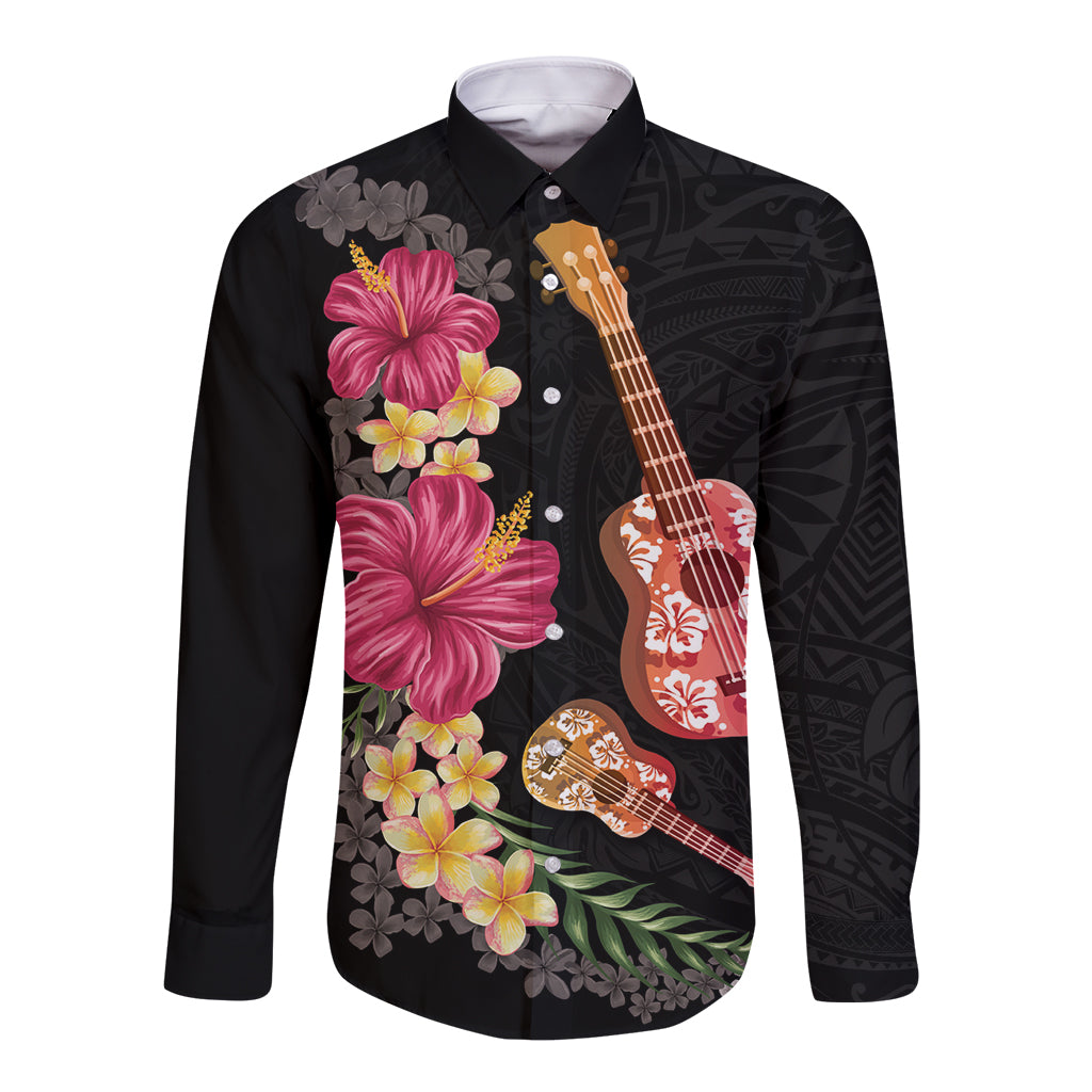 Ukulele mix Polynesian Flower Long Sleeve Button Shirt Hawaiian Tribal Pattern